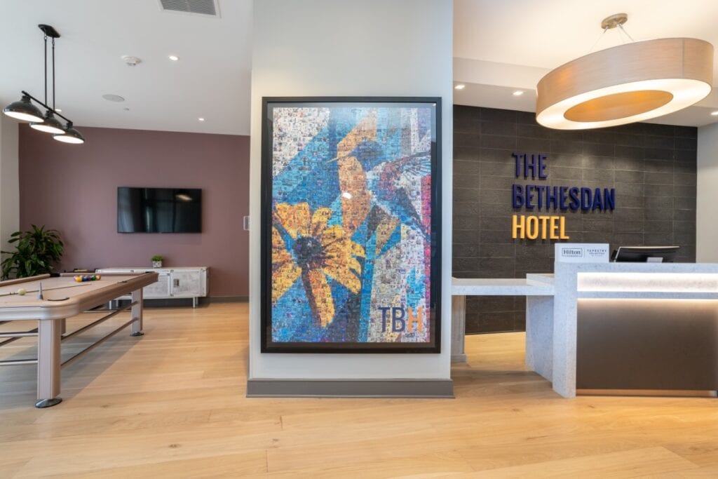 the lobby at The Bethesdan Hotel located in Bethesda, MD