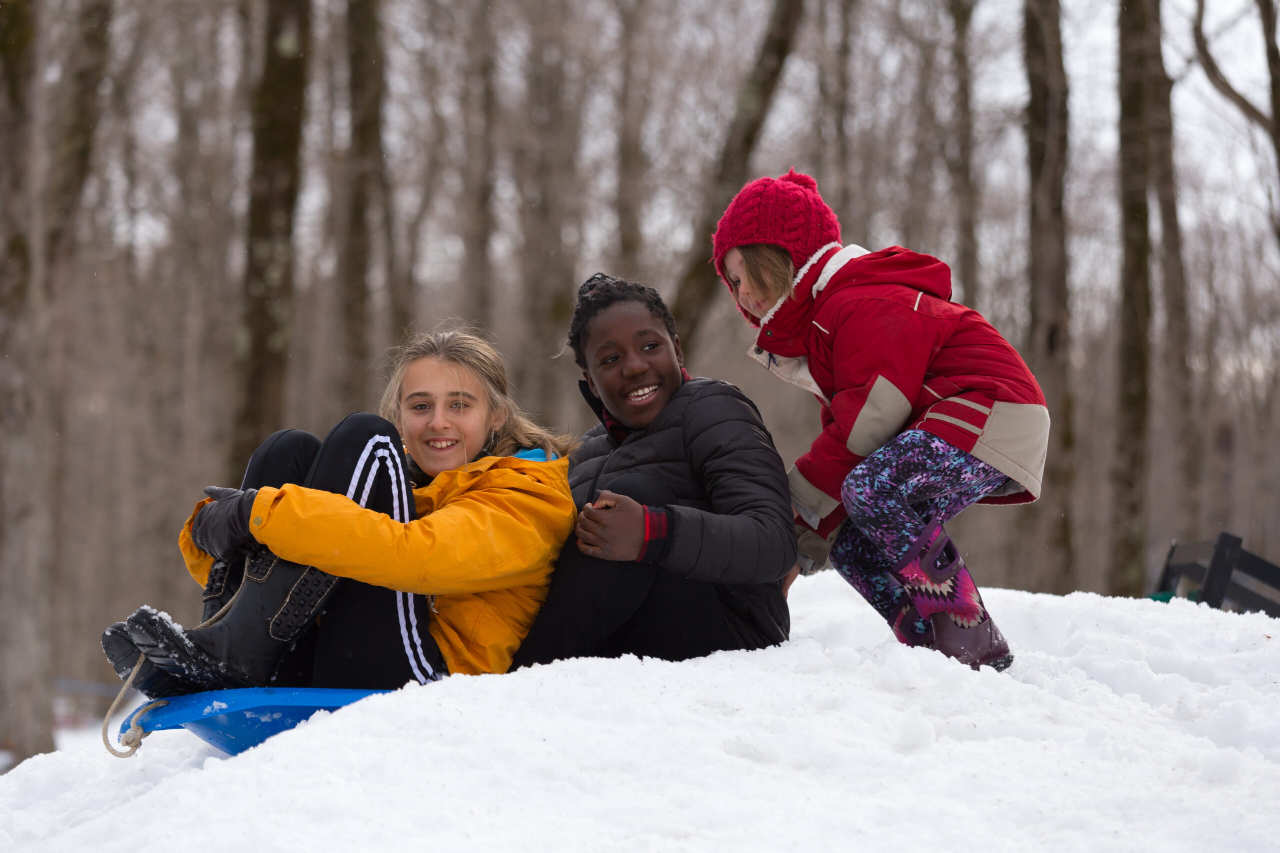 three girls on a sled having fun and about to sled down a hill
