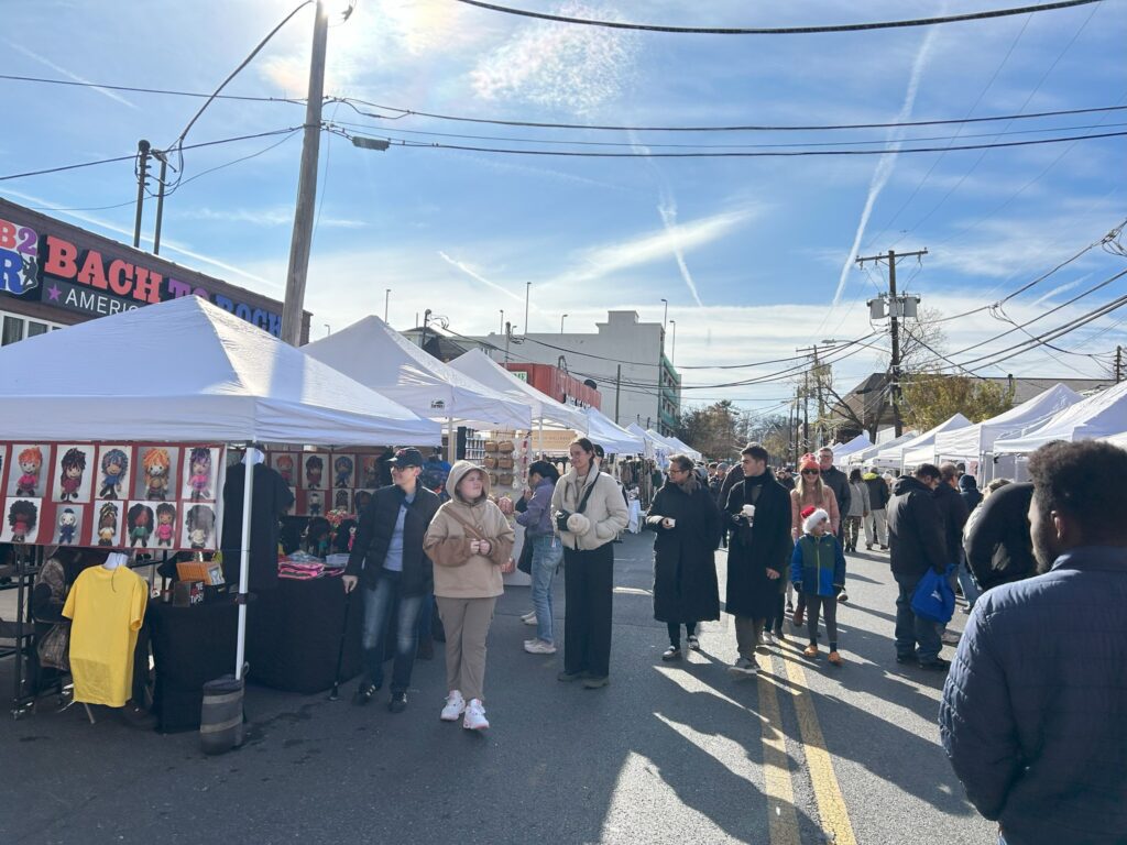 a winter market of people walking and shopping in Bethesda, MD