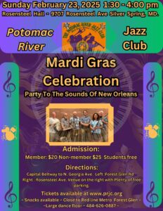 Celebrate Mardi Gras with Potomac River Jazz Club featuring Orleans Express