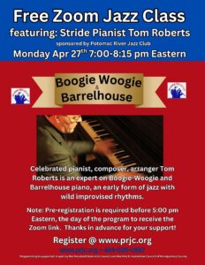 PRJC Free Zoom Jazz:  Barrelhouse and Boogie Woogie piano featuring with World Renown Tom Roberts